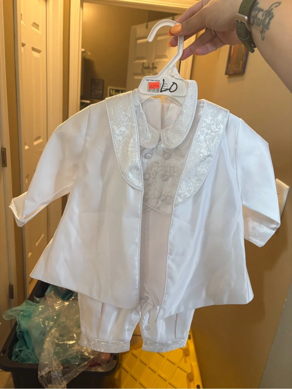 White Satin Infant Boys' Christening Outfit with Decorative Collar